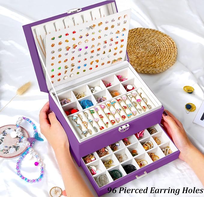 QBestry Earrings Jewelry Box for Girls, 5 Layers Jewelry Organizer with Earring Holder Organizer for Girls Earring Organizer Jewelry Boxes for Women Earrings and Necklaces Jewelry Box Organizer Purple - Image 6