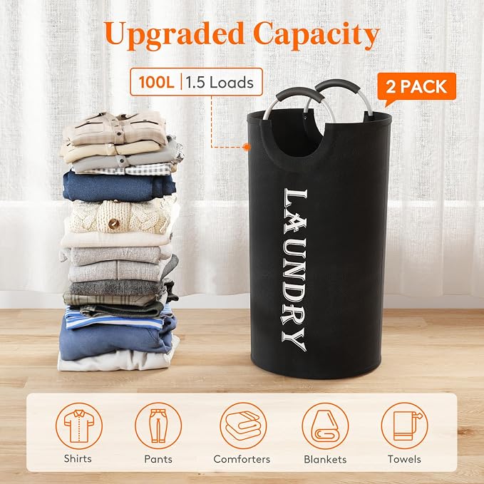 Lifewit 100L 2-Pack Large Laundry Basket, Collapsible Laundry Hamper with Aluminum Handles, Waterproof Freestanding Dirty Clothes Hampers for Laundry Room Bedroom Dorm Bathroom, Black - Image 4