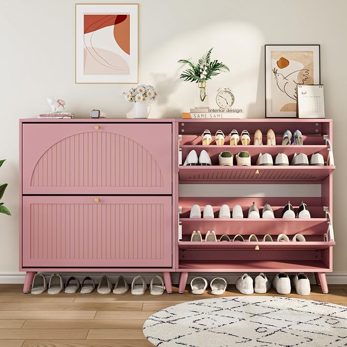 Fsbecl Shoe Storage Cabinet for Entryway with 2 Flip Drawers, Narrow Wood Shoe Cabinet with Fluted Panel, Freestanding Hidden Shoe Organizer for Foyer, Hallway (Pink - with Shelf) - Image 9