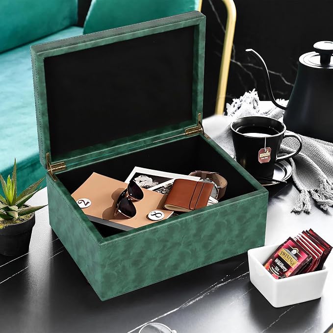 HofferRuffer Faux Leather Decorative Box, Large Wooden Structure Keepsake Box Accessory Organizer Jewelry Organizer with Hinged Lid, Storage Container for Home or Office (Dark Green) - Image 4