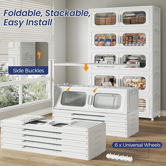 250Gal Extra Large Stackable Storage Bins with Lid & Wheels & Doors, 200QT/50GAL 5-Tiers Collapsible Closet Organizers Plastic Containers Drawers Boxes for Home Kitchen Bedroom, White