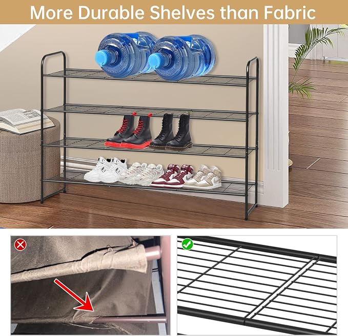 KEETDY 4-Tier Long Shoe Rack for Closet Metal Shoe Organizer for Entryway, Wide Stackable Shoe Storage Shelf with Sturdy Wire Grid for Closet Floor, Bedroom, Black - Image 4