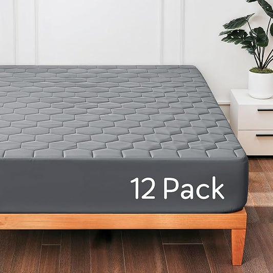 Hearth & Harbor 12 Pack Queen Size Quilted Fitted Mattress Pad Cover, 100% Waterproof Mattress Protectors, Deep Pocket Fitted Mattress Cover 8" - 21" (60" x 80", Gray)