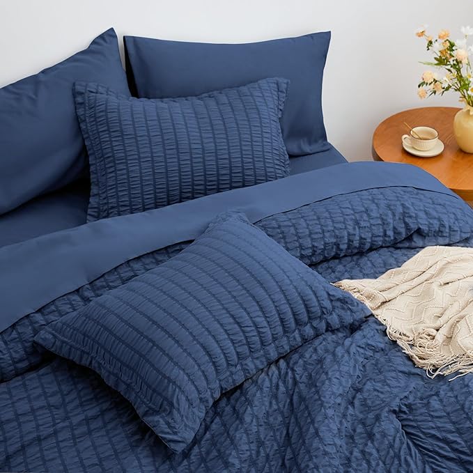 Love's cabin Seersucker Dark Blue Twin XL Comforter Set, 5-Piece All Season Lightweight Bed in a Bag Bedding Set with Comforter, Flat Sheet, Fitted Sheet, Pillowcase and Sham | Soft, Breathable, Lightweight