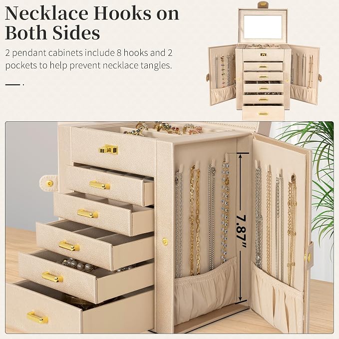 AKOZLIN 6-Tier Jewelry Box Organizer Functional Leather Jewelry Storage Case for Women Girls Ring Necklace Earring Bracelet Holder Organizer with Mirror - Image 3