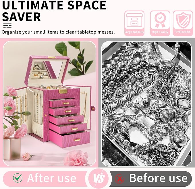 AKOZLIN 6-Tier Jewelry Box Lockable Leather Jewelry Storage Case with 5 Drawers for Women Girls Ring Necklace Earring Bracelet Holder Organizer with Mirror Rose - Image 5