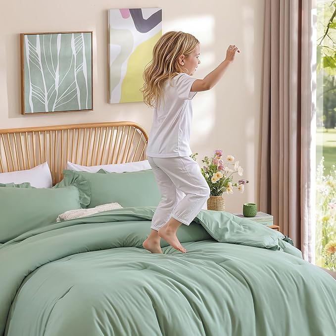 JANZAA Twin Comforter Set Sage Green Comforter Set 2PCS Ruffled and 1 Pillow Case Fluffy Vintage Farmhouse Shabby Chic Bedding Soft All Season