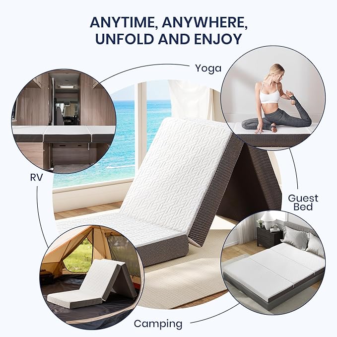 Hanherry 4 Inch Foldable Mattress Queen Size, Tri-Folding Portable Memory Foam Topper Floor Bed with Storage Bag, Washable Cover for Travel, Camping, RV, Guest