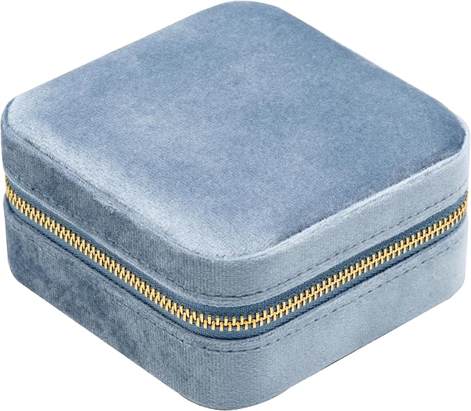 Velvet Multiple Square Ring Box Jewelry Organizer Display Tray with Zipper Around, Earring Holder Case for Wedding Birthday Christmas Valentine Day (Light Ocean Blue) - Image 3