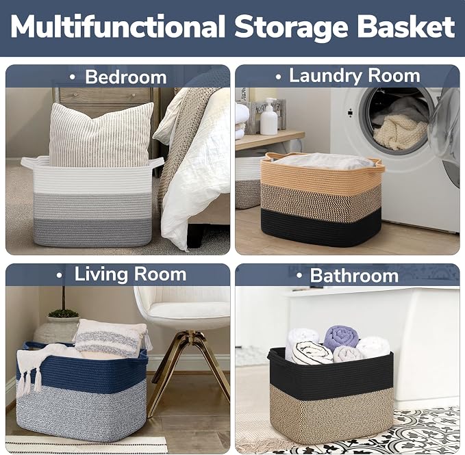 Goodpick Woven Baskets for Organizing, 18" x 14" x 12" Large Storage Basket for Living Room Bedroom, Decorative Toy Baskets Storage Kids Rectangle Blanket Basket with Handles, Dark Blue - Image 5