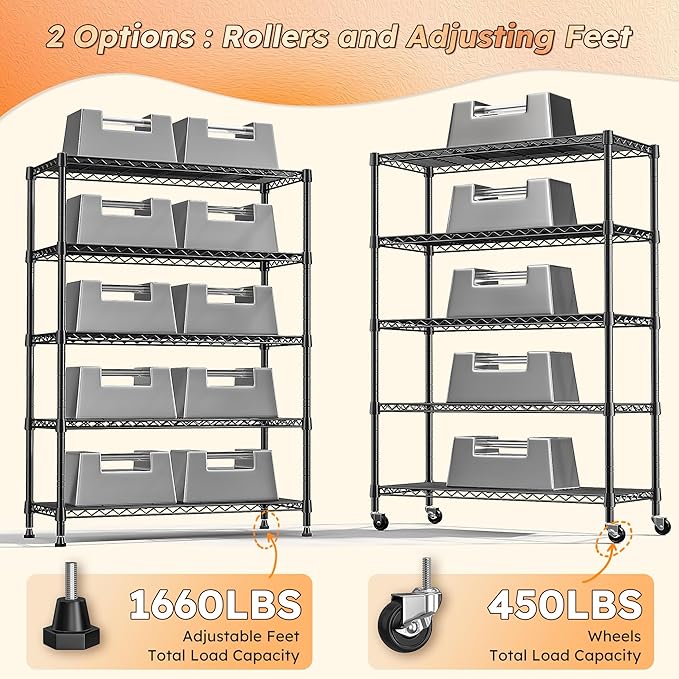 REIBII 73''H Storage Shelves 1660LBS Wire Shelving Unit with Wheels 5 Tier Metal Shelving,Heavy Duty Metal Shelves for Storage Rack,Commercial Industrial for Garage Kitchen 73''HX35''WX15''D,Black - Image 5