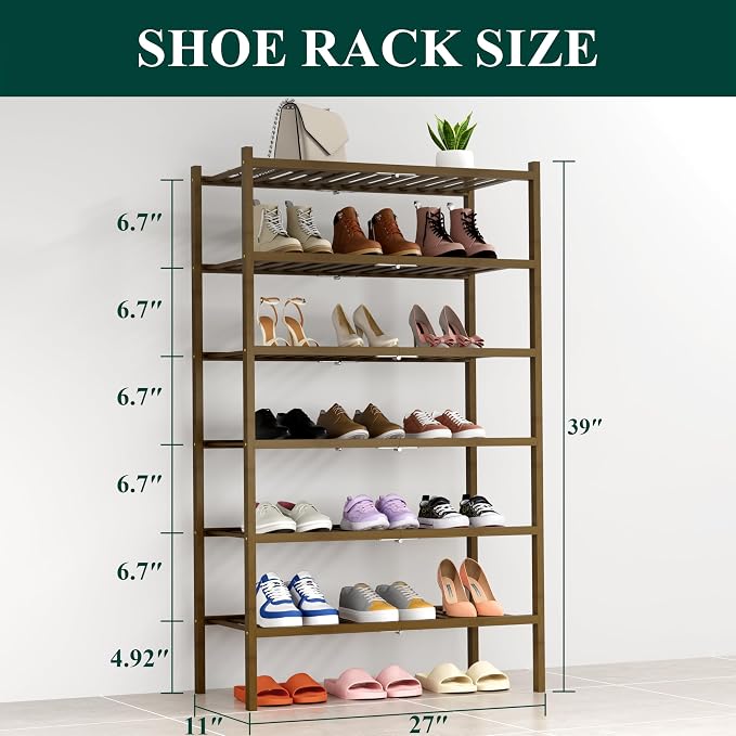 Smiry Shoe Rack, 6 Tier Thick Bamboo Shoe Organizer, Stackable Free Standing Wooden Shoe Storage Shelf for Closet, Entryway, Front Door Entrance, Walnut - Image 2