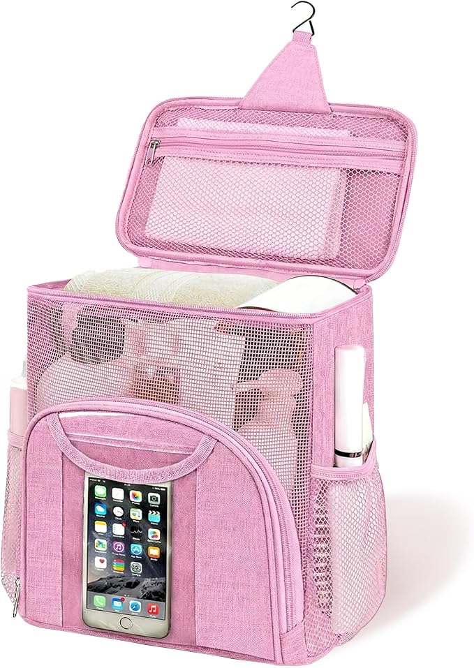 Attmu Mesh Shower Caddy Portable Dorm Tote Bag, Quick Dry Hanging Toiletry Bag, Large Capacity Shower Bag for College Dorm Room Essentials for Boys and Girls for Bath Camping (Light Pink) by Attmu