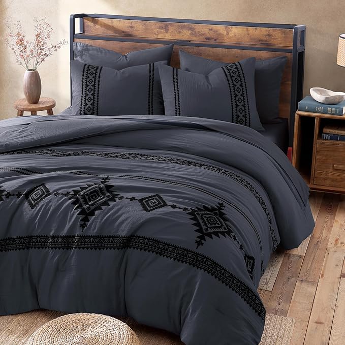 MaiRêve Embroidery Queen Size Comforter Set Crown Blue, Boho Farmhouse Western Bedding Set 7 Pieces, All Season Bed in A Bag Comforter Set with Sheets, Pillowcases & Shams