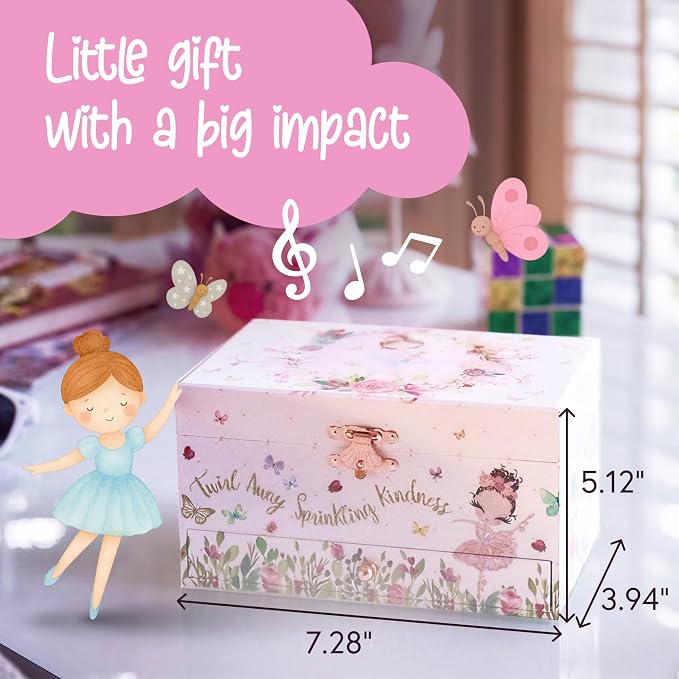 The Memory Building Co Ballerina Musical Jewelry Box Plays Classic Melody, Storage Organizer Music Box for Kids Ages 6-12, MDF Wood w/ 2 Fabric Lined Ring Bracelet Necklace Treasure Compartments - Image 4