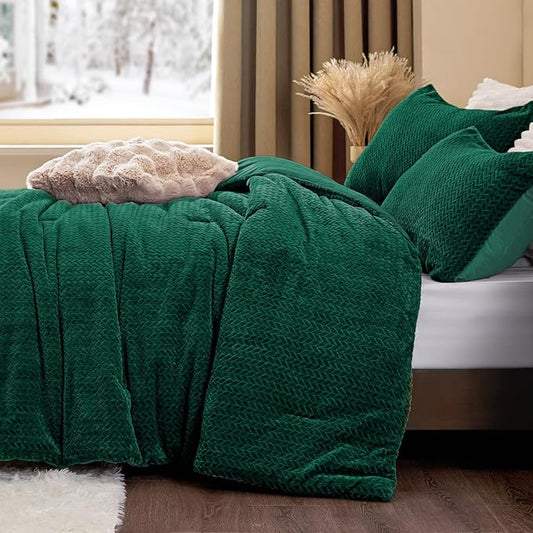 Flannel Fleece Comforter King Set - Furry Green Leaves Pattern Faux Fur Bed Set, Winter Ultra Soft Fuzzy Comfort Set, Velvet Bedding Set for Bed with 2 Pillow Cases