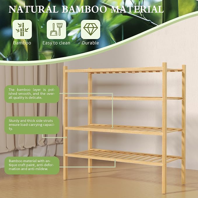 ROMGUAR CRAFT 4 Tier Bamboo Shoe Rack for Closet Free Standing Wood Shoe Shelf for Entryway Small Space Stackable 27"x11"x26" (Natural) - Image 6