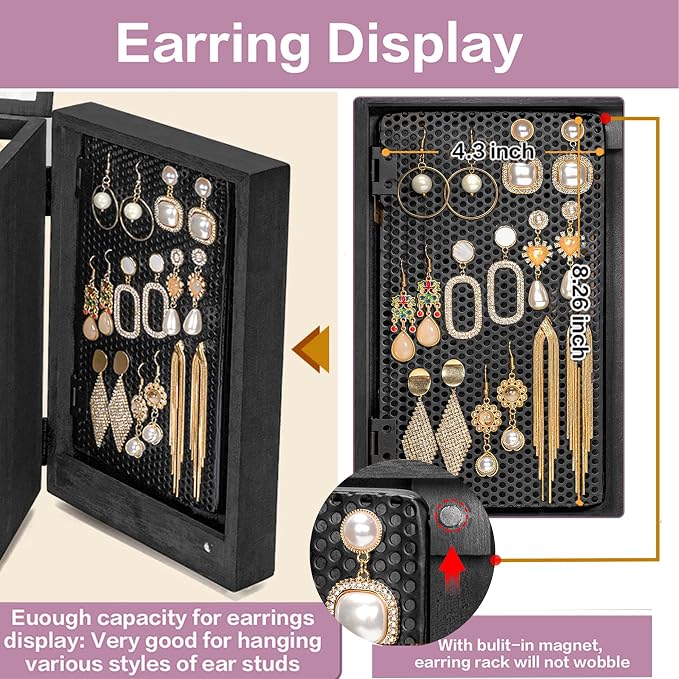 Meangood Jewelry Box Wood for Women, 5-Layer Large Organizer Box with Mirror & 4 Drawers for Rings, Earrings, Necklaces, Black - Image 3