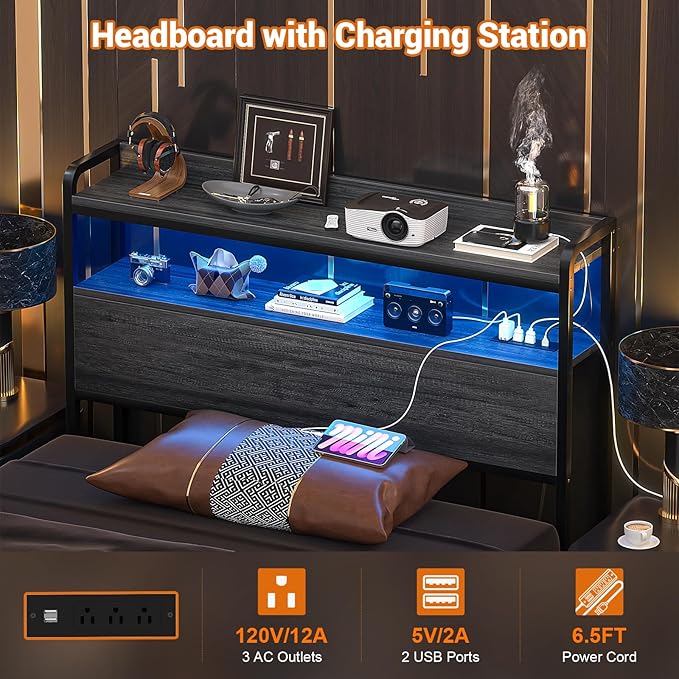 Aheaplus Headboard for Twin Size Bed Frame, Headboards with Outlets, USB Ports and LED Light, Head Board with Storage, Height Adjustable, Sturdy and Stable Headboard, Twin Size, Black Oak