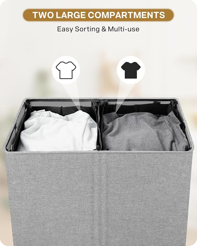 SOLEDI Double Laundry Hamper with Lid, 130L Clothes Hamper 2 Section, Laundry Basket with Removable bag, Bed room decor aesthetic, laundry room organization, Home and dorm room essentials - Image 4
