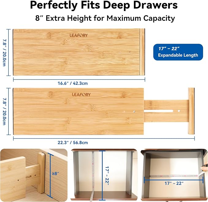 4 Pack Deep Drawer Dividers, 8" High Bamboo Expandable Drawer Organizers, 17-22" Adjustable Tension Separators, Large Drawer Dividers for Kitchen, Bedroom Dresser, Baby Nursery & Bathroom - Image 2