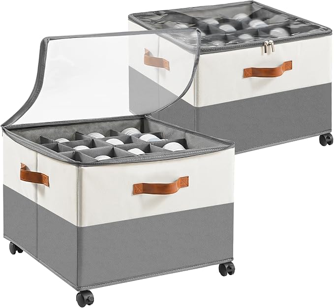 INSTY 2 Pack Shoe Organizer for Closet,Shoe Storage Organizer with Wheels, Fits up to 32 Pairs,Adjustable Dividers,Fabric Shoe Storage Bins with Clear Cover,Beige and Grey by INSTY