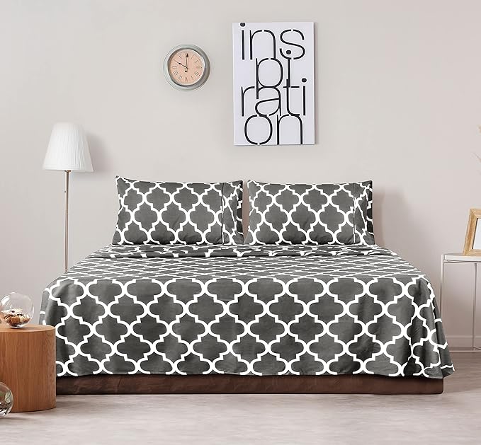 Utopia Bedding Full Sheet Set, Soft Microfiber 4 Piece Bed Sheets with 15" Deep Pocket - Easy Care Brushed Microfiber (Quatrefoil - Grey)