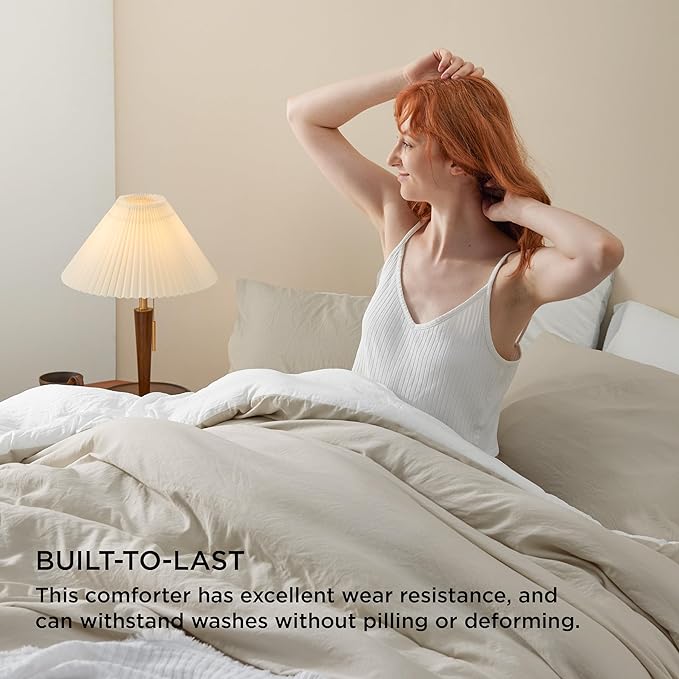 Bedsure Full Comforter Set, Beige White Soft Prewashed Bedding for All Seasons, 3 Pieces GentleSoft™ Bed Set, 1 Lightweight Comforter (82"x86") and 2 Pillowcases (20"x26")