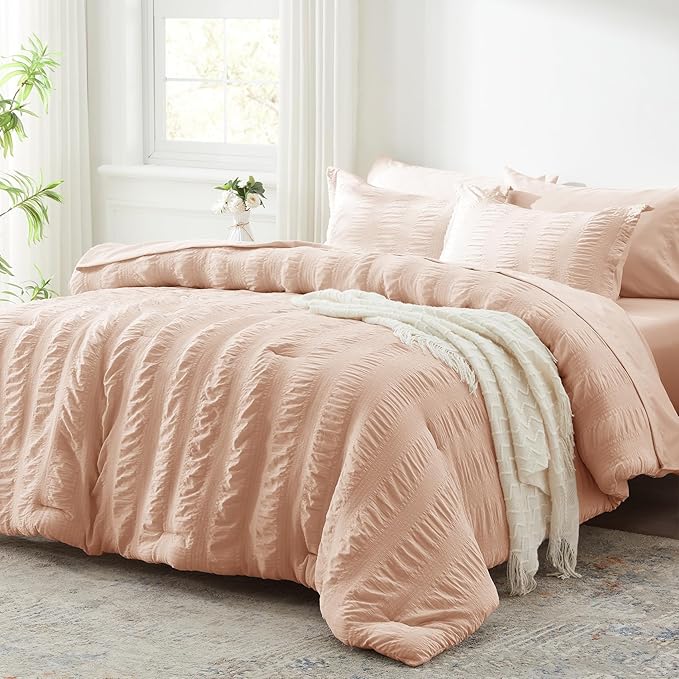 Zzlpp Queen Comforter Set 7 Pieces, Pink Seersucker Bed in a Bag with Comforter and Sheets, All Season Bedding Sets with 1 Comforter, 2 Pillow Shams, 2 Pillowcases, 1 Flat Sheet, 1 Fitted Sheet