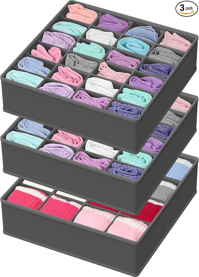 Simple Houseware Sock Drawer Organizer for Dresser/Closet/Bedroom, 3 Pack, Dark Gray by SimpleHouseware