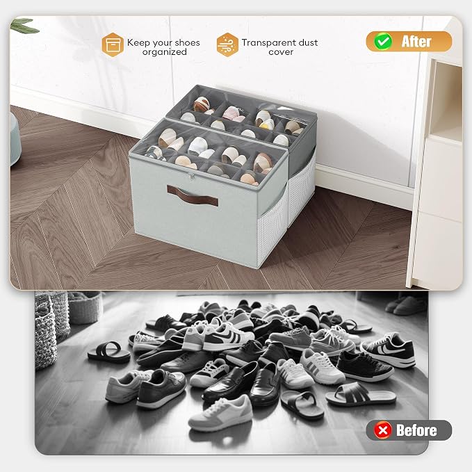 Budding Joy 2 Pack Shoe Organizer for Closet, Clear Foldable Shoe Storage Containers Adjustable Dividers Fits 16 Pairs,Shoe Storage Bins Baskets Boxes with Reinforced Handles Light Grey Greenish Grey - Image 3