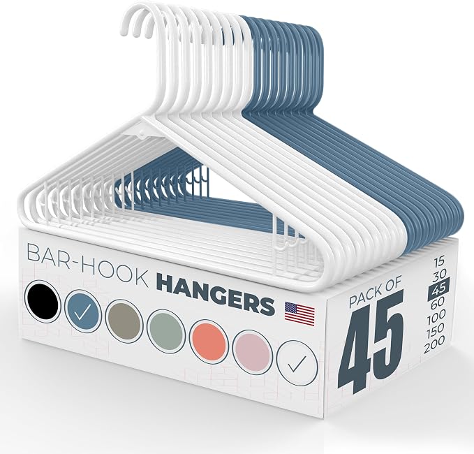 Neaties Plastic Hangers 45 Pack - Made in the USA - 6lb Capacity Standard Clothes Hangers with Strap Hooks for Dresses, Lingerie, Shirts, Pants, and Jackets - White & Blue by NeatiesHangers