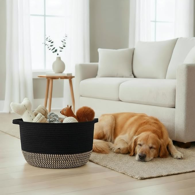 Stylish Cotton Rope Storage Basket For Dog Toys, Magazines or Books - The Perfect Woven Bin with Handles For Everyday Organization Reduces Clutter in Your Rooms - A Decorative Gift & Storage Box - Image 2