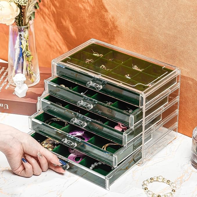 ProCase Earring Holder Organizer Jewelry Box with 5 Drawers, Acrylic Clear Earring Case with Adjustable Velvet Trays for Women - Emerald, 5 Layers - Image 3