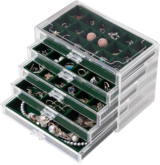 Frebeauty Acrylic Jewelry Organizer Earring Organizer Box with 5 Drawers Earring Holder Organizer with Velvet Trays Clear Jewelry Box for Women Earring Display for Rings Studs(Blackish Green) by Frebeauty