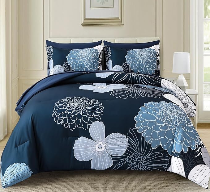 Yiran Navy Blue Bed in a Bag Comforter Set Queen 7 Pieces Floral Bedding Set for Bed,Soft Microfiber Flowers Comforter with 1 Flat Sheet 1 Fitted Sheet 2 Pillowshams