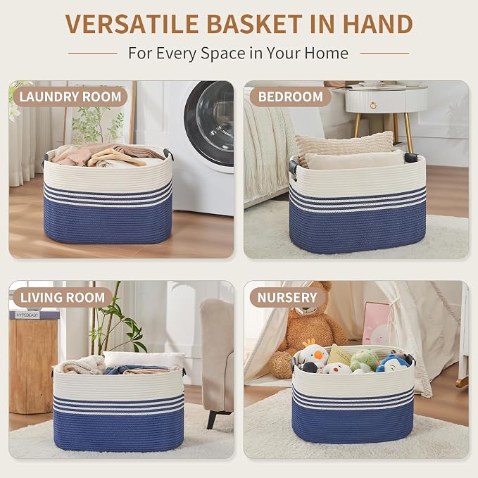 AINUOQI Laundry Basket with Handles - Blanket Basket & Hampers for Bedroom Aesthetic, Laundry Hamper & Blanket Storage for Living Room, Clothes Hamper, Tall, Large 21.7" x 16.9" x 11.8”, Blue - Image 4