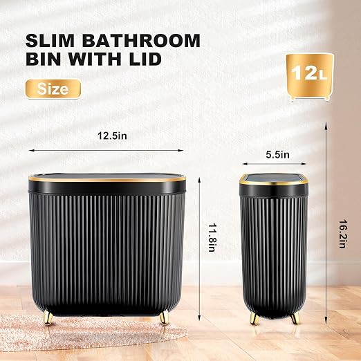 Supteron Bathroom Trash Can with Lid 3.1 Gallon Narrow Trash Can Small Plastic Trash Bin 12 Liter Rectangular Plastic Garbage Can with Press Type Lid for Bedroom Bathroom - Image 2