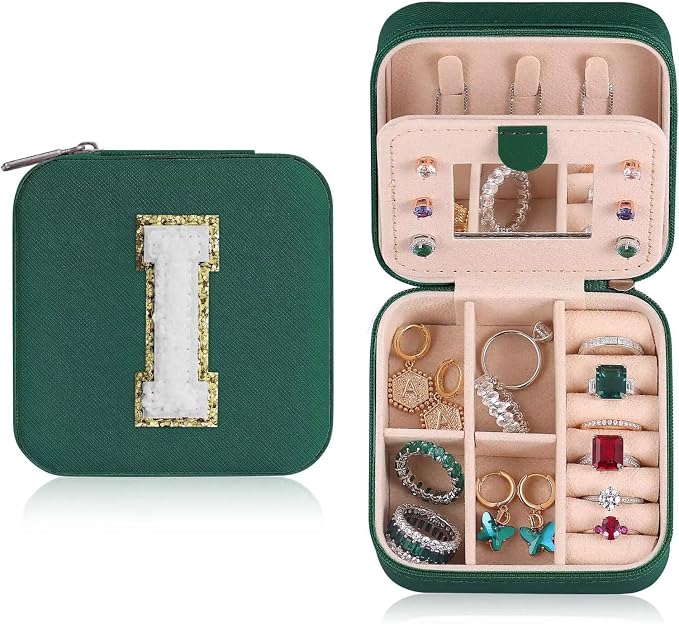ETHOON Jewelry Travel Case Small Organizer Stocking Box Personalized Gifts Teenage Jewelry Accessories Holiday Christmas Gift for Women Green, Letter I by ETHOON