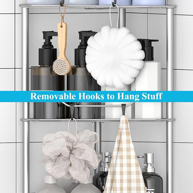 HuggieGems 5 Tier Floor Standing Corner Shower Caddy Organizer Shelf with Hooks, Bathroom Shelves Stand Rack, Gray - Image 5