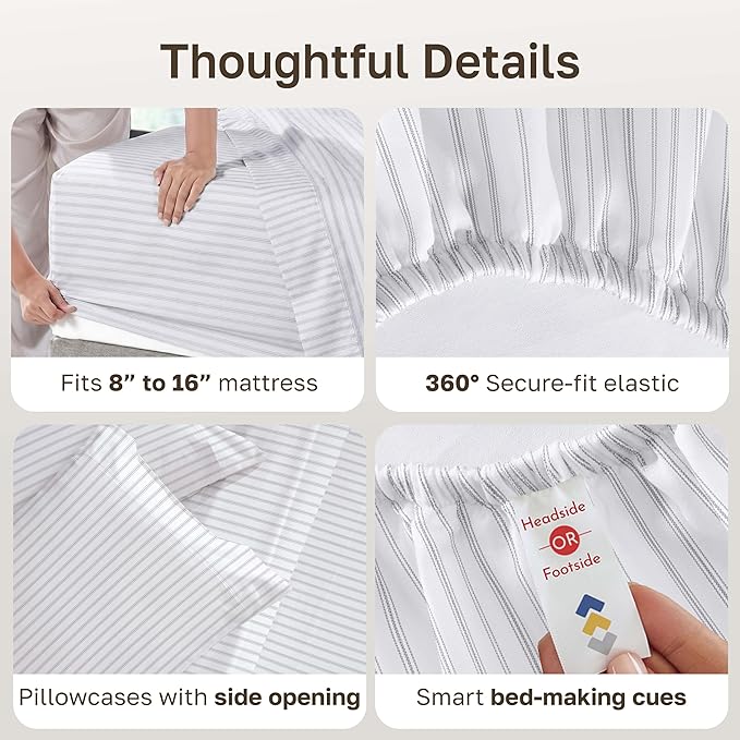 California Design Den California King Sheet Set - 100% Cotton, 600 Thread Count, Deep Pocket, Soft Sateen Premium Cal King Sheet Set - Ticking Stripe Pattern