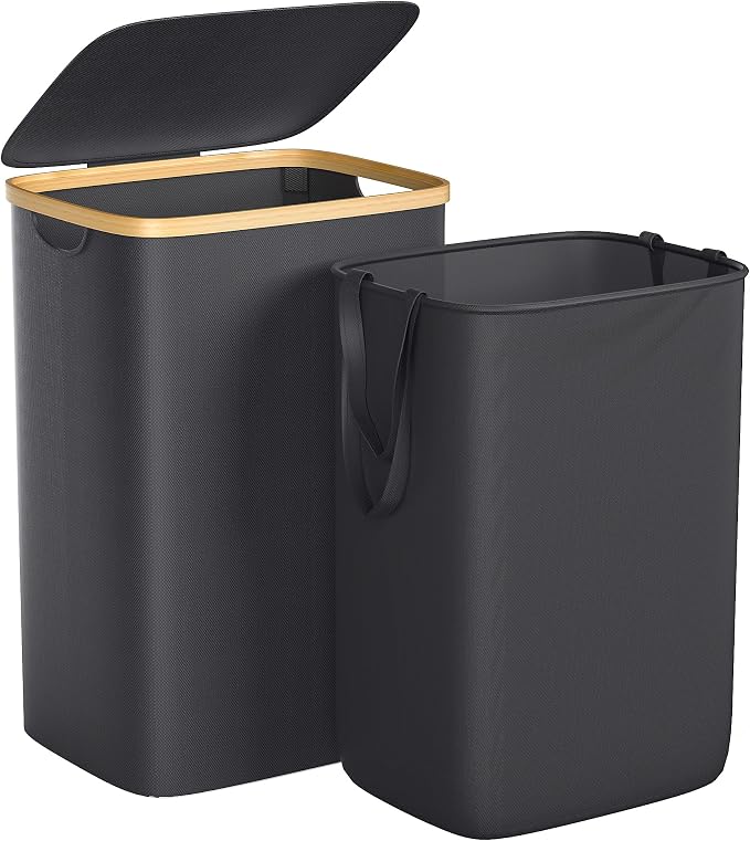 Foluck Large Laundry Hamper, 75L Waterproof Laundry Basket with Lid and Removable Bag, Collapsible Tall Clothes Hamper with Bamboo Handles for Clothes Toys in Dorm Bedroom Bathroom, Black by Foluck
