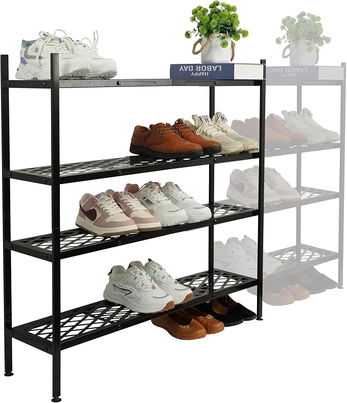 Shoe Rack, 4-Tier Long Shoe Rack, Stackable Shoe Storage Organizer Expandable Shoe Shelf Stand, Holds up to 25-30 Pairs of Shoes for Entryway, Garage, Front Door Entrance, Metal,45.6in Black by Nijoam