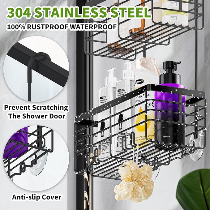 SHANSHUI Shower Hanging Caddy, Double Bathroom Showers Organizer Basket, Shampoo Bracket, Over Door Shower Rack with Hooks, 304 Stainless Steel Rustproof - Image 3