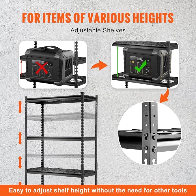 VEVOR Storage Shelving Unit, 5-Tier Adjustable, 2000 lbs Capacity, Heavy Duty Garage Shelves Metal Organizer Wire Rack, Black, 36" L x 16" W x 72" H for Kitchen Pantry Basement Bathroom Laundry Closet - Image 8