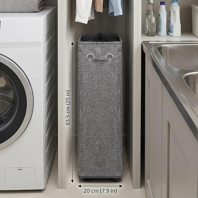 DOKEHOM 25-Inches Slim Laundry Basket on Wheels, Collapsible Rolling Laundry Hamper, Foldable Narrow Corner Clothes Storage Bins (Linen Grey) - Image 6