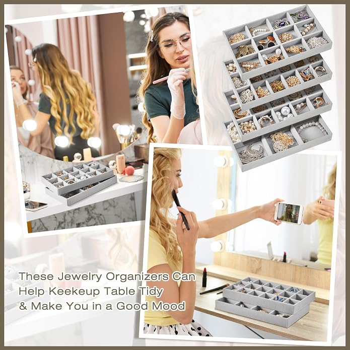 Junkin 12 Pcs Jewelry Tray Velvet Stackable Jewelry Organizer Trays Divided Earring Accessories Storage Containers Box (Rose Red) - Image 6