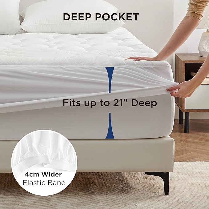 Bedsure Full Size Mattress Protector Waterproof - Quilted Fitted Noiseless Mattress Pad with 8-21" Deep Pocket, Breathable Pillow Top Mattress Topper Cover Padded, 54x75 Inches, White