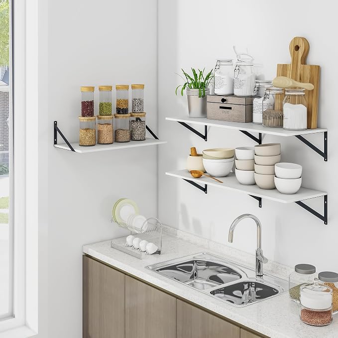 Heimlove White Deep Floating Shelves for Wall, 48W x 12D Wood Wall Shelves Set of 2, Wide Floating Bookshelf for Living Room, Kitchen, Office, Bedroom and Decor Storage, with Black Bracket - White - Image 2