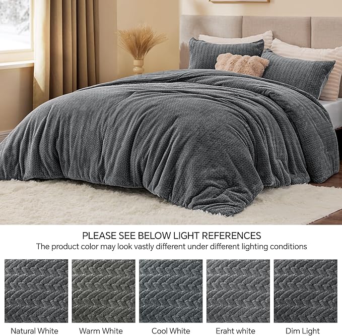 Flannel Fleece Queen Comforter Set - Furry Grey Leaves Pattern Faux Fur Bed Set, Winter Ultra Soft Fuzzy Comfort Set, Velvet Bedding Set for Bed with 2 Pillow Cases